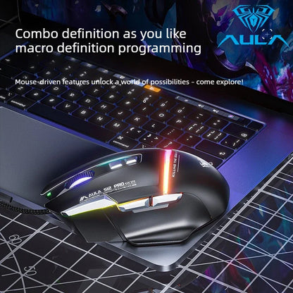 Hot Sale AULA S12 Pro Wired Gaming Mouse 12800 DPI RGB Backlit 8 Programmable Buttons Ergonomic Game Mouse for PC Laptop