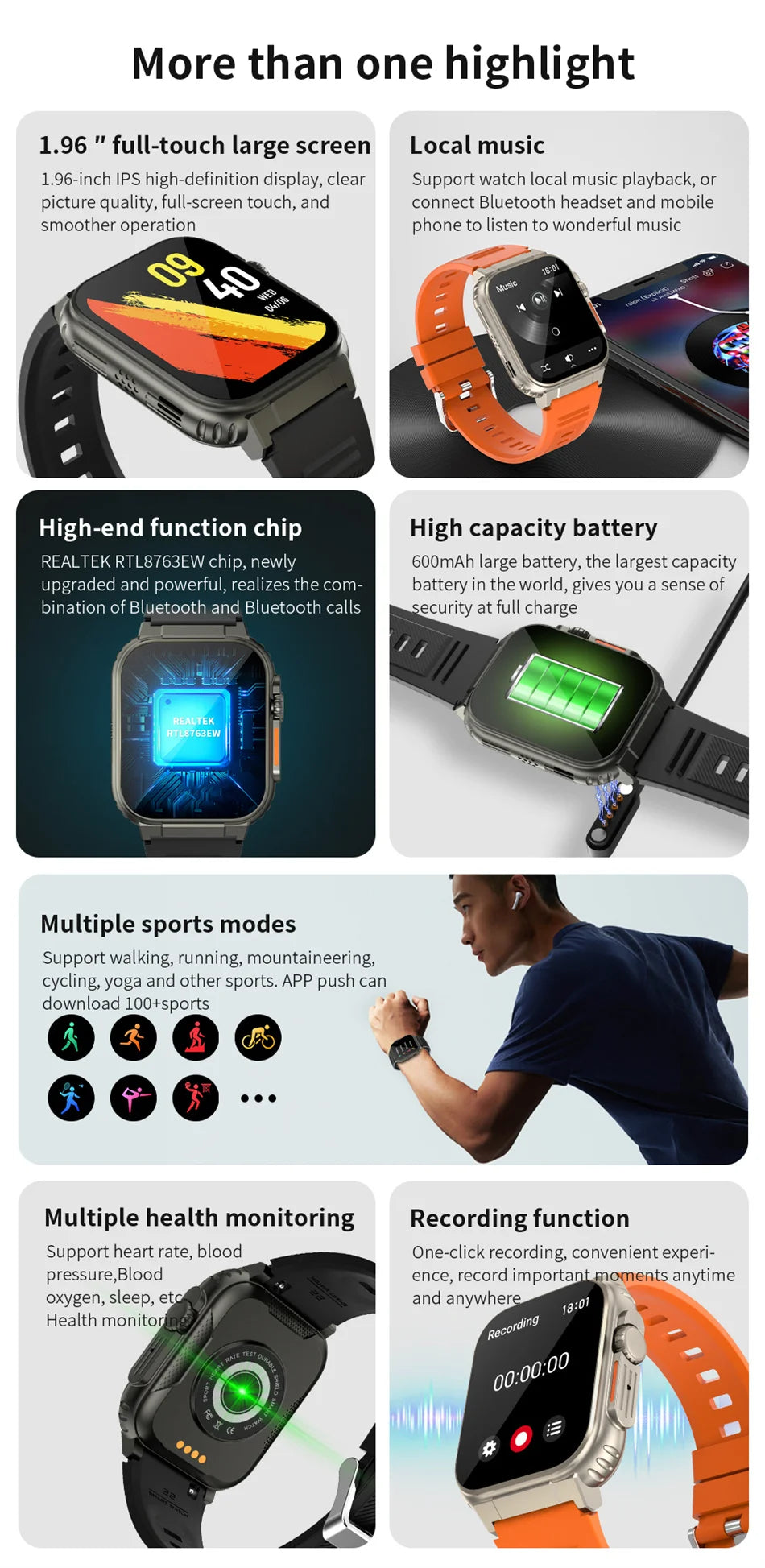 LIGE 600mAh New Ultra Smart Watch Men Bluetooth Call TWS Local Music Sport Clock 1.96'' IP68 Waterproof Relógio Smartwatch Women