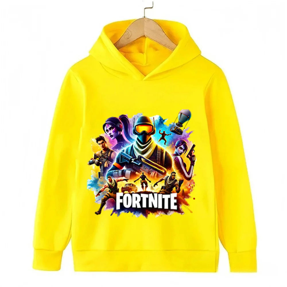 Sweats com capuz para criança com estampado do jogo Fortnite, conjunto cartoon confortável, tops largos de manga comprida, roupa de outono e inverno