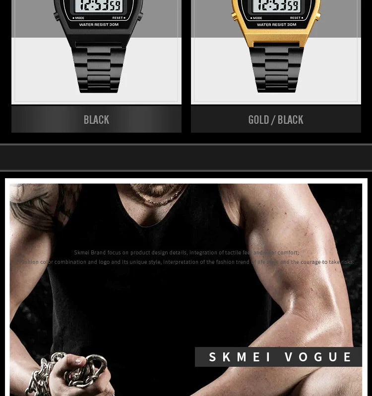 Skmei Unisex Digital Sport's Watches Stainless Steel Strap Led Waterproof 12/24 Hour Format Electronic Alarm Clock