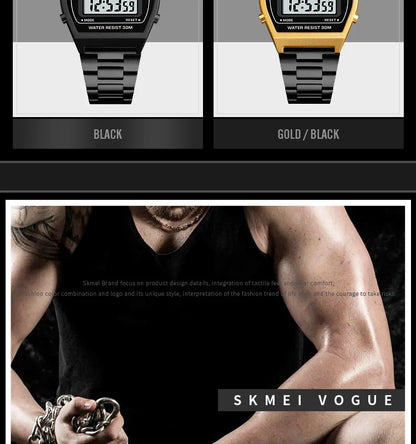 Skmei Unisex Digital Sport's Watches Stainless Steel Strap Led Waterproof 12/24 Hour Format Electronic Alarm Clock