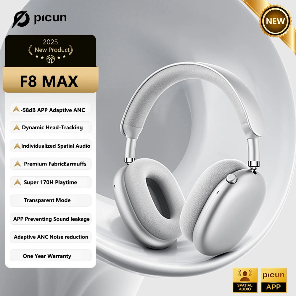 Picun F8MAX ANC kabelloser Kopfhörer, 59dB hybrides aktives Noise Cancelling, Spatial-Audio-Ohrhörer, Bluetooth 6.0, Over-Ear-Headset, 180H