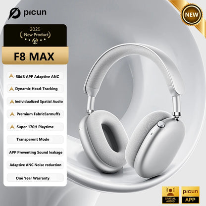 Picun F8MAX ANC kabelloser Kopfhörer, 59dB hybrides aktives Noise Cancelling, Spatial-Audio-Ohrhörer, Bluetooth 6.0, Over-Ear-Headset, 180H