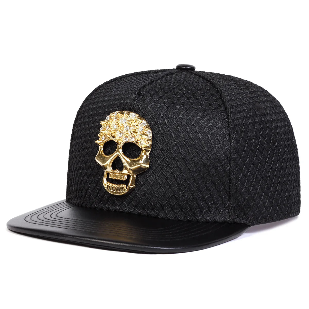 Skull Baseball Cap - Alloy Rhinestone PU Leather Brim Flat Cap, Hip-Hop Street Style Hat for Men & Women"