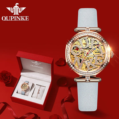OUPINKE 3175 Women Watches Luxury Elegant Skeleton Automatic Mechanical Watches For Woman 50M Waterproof Bracelet Necklace Set