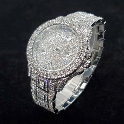 Luxury Diamond Watch for Men Fashion Bling Iced Out Day Date Watches Hip Hop Golden Stainless Steel Quartz Man Clock Hot Sale