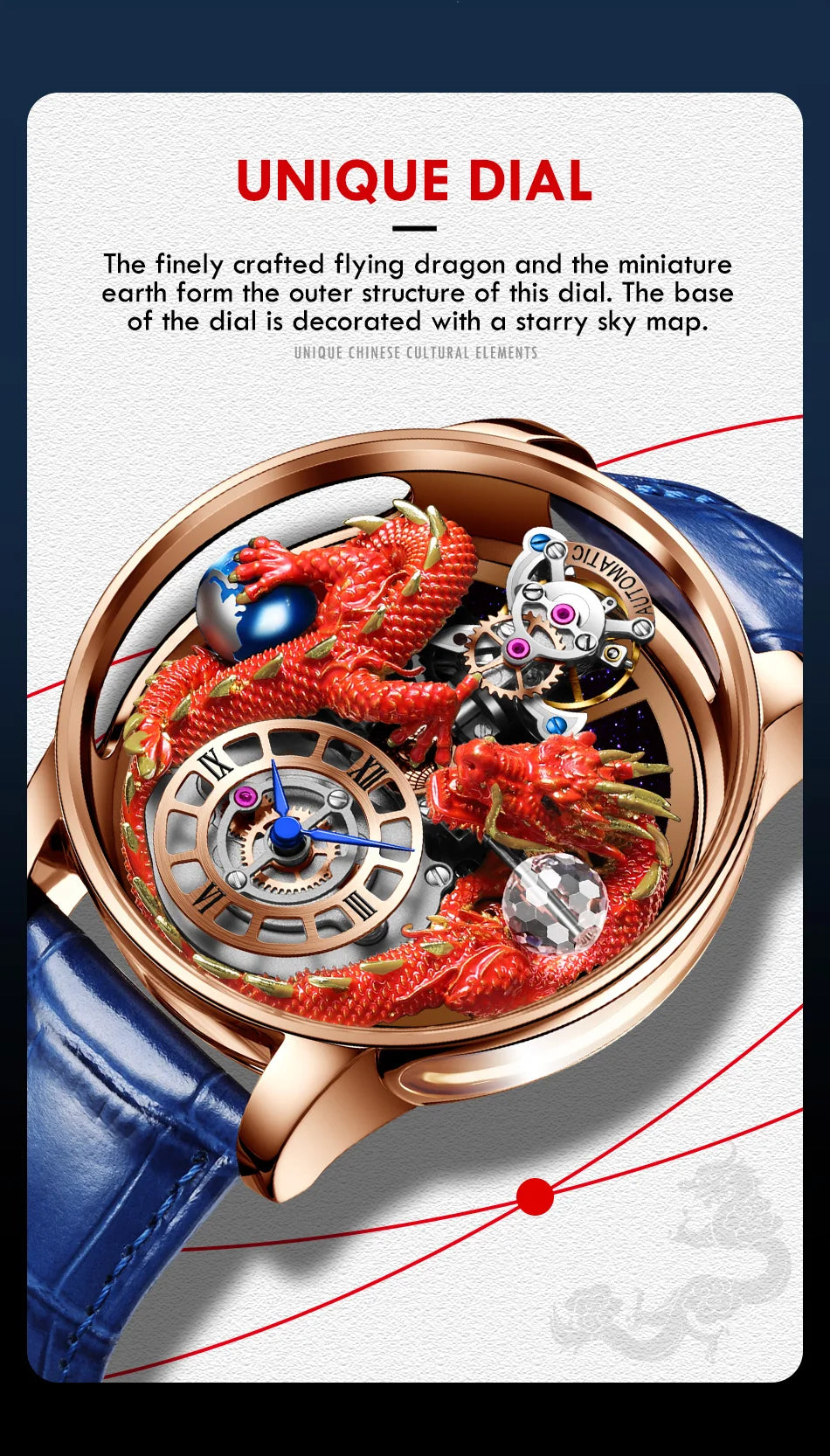 PINDU Fashion Roman Numeral Display Mineral Tempered Glass Material Quartz Movement 3ATM Waterproof Celestial Dragon Men's Watch