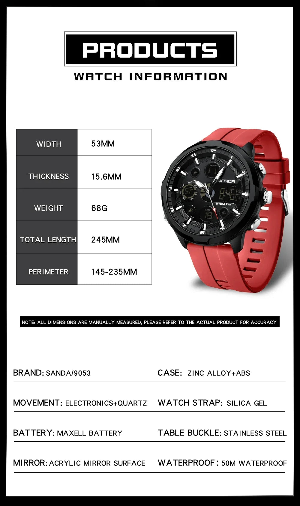 SANDA 9053 G Sports Military Men's Watches Luxury Digital Watch 50M Waterproof Quartz Wristwatch for Male Relogios Masculino