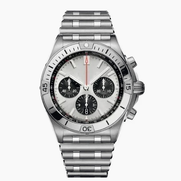 44mm Contemporary Luxury Male Quartz Watch High Accuracy Movement Date Window Chronograph Solid Stainless Steel Bracelet Casual