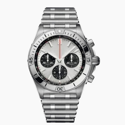 44mm Contemporary Luxury Male Quartz Watch High Accuracy Movement Date Window Chronograph Solid Stainless Steel Bracelet Casual