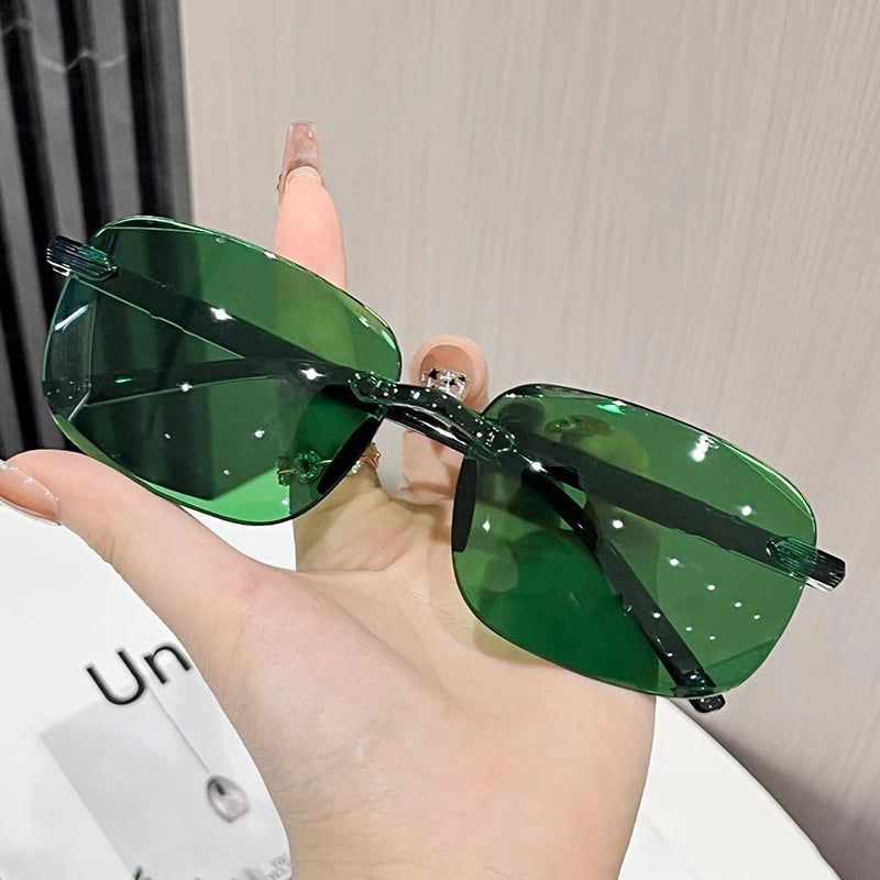 Ochelari de soare vintage, fără ramă, cu margini tăiate, ochelari de soare de designer, ochelari de soare de lux maro și verzi, UV400, pentru bărbați și femei