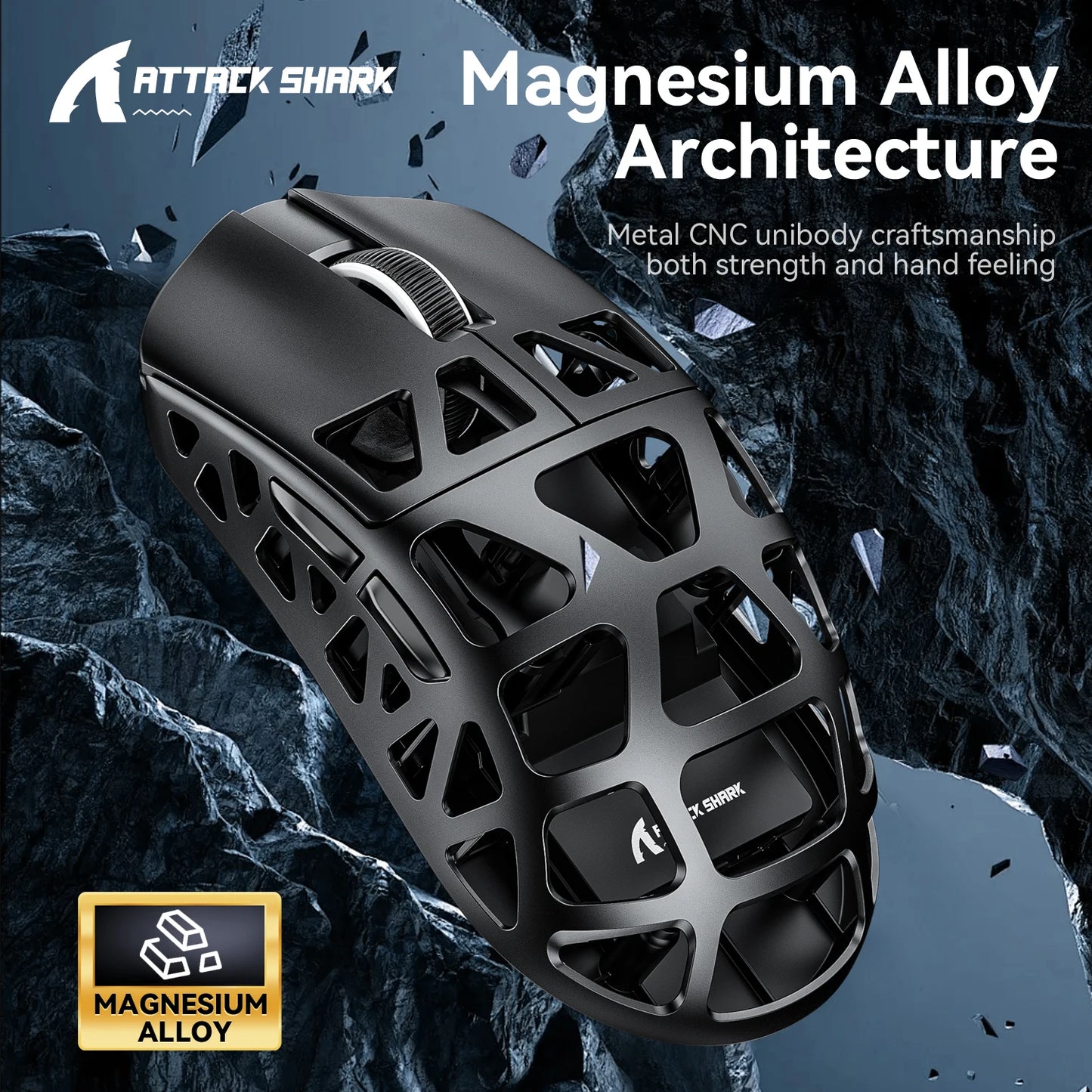 ATTACK SHARK R3 gaming miš od magnezijske legure s honeycomb dizajnom, ultra lagan 8K Hz, PAW3395 senzor, 26000 DPI, ergonomska školjka