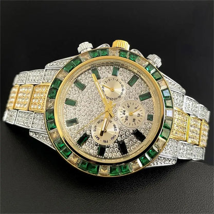 Hot Sell Luxury Green Iced Watch For Men Fashion Stainless steel Quartz Wristwatch Hip Hop Rainbow Diamond AAA Watches Man Reloj
