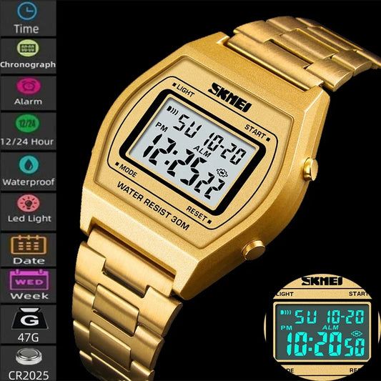 Skmei Unisex Digital Sport's Watches Stainless Steel Strap Led Waterproof 12/24 Hour Format Electronic Alarm Clock