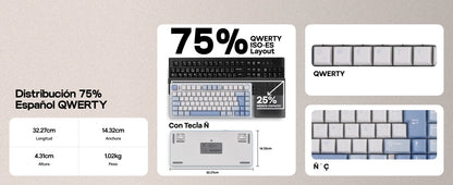 EPOMAKER AULA F75 ISO-ES 75% Spanische QWERTY Hot-Swap, Gasket-Mounted, kabelgebundene/Bluetooth/2.4GHz kabellose mechanische Gaming-Tastatur mit RGB-Hintergrundbeleuchtung