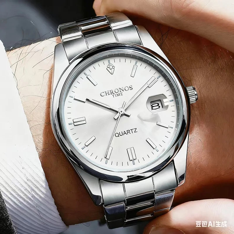Vyriškas rankinis laikrodis „CHRONOS“ – prabangus prekės ženklas, atsparus vandeniui, šviečiantis, su datos rodikliu, pagamintas iš nerūdijančio plieno, su kvarciniu mechanizmu.