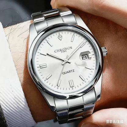 Vyriškas rankinis laikrodis „CHRONOS“ – prabangus prekės ženklas, atsparus vandeniui, šviečiantis, su datos rodikliu, pagamintas iš nerūdijančio plieno, su kvarciniu mechanizmu.