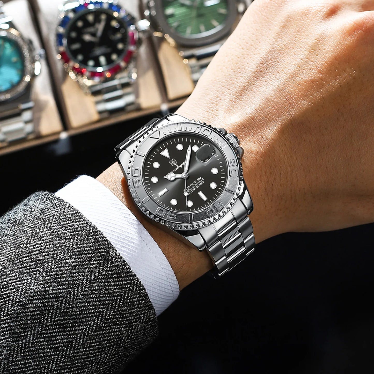 POEDAGAR Luxury Men's Watch Stainless Steel Date Quartz Fashion Watches For Man Waterproof Luminous Business Male Watch+Box Gift
