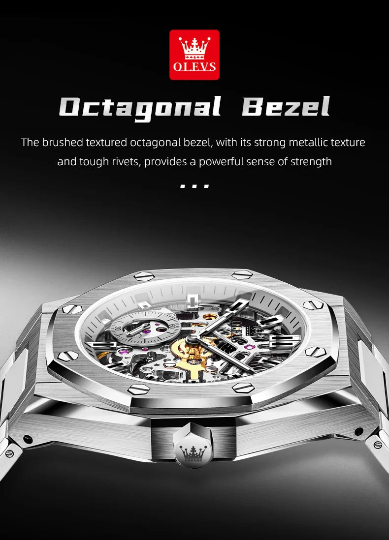 OLEVS Watches Luxury Man High Quality Original Fully Skeleton Automatic Mechanical Watch Stainless Steel Men Watches Gifts Box