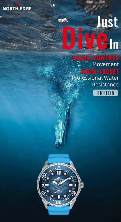 NORTH EDGE 2025 New TRITON Solar Powered Dive Watch Men Luxury Quartz Watches For Men 316L Stainless Steel Case Waterproof 300M
