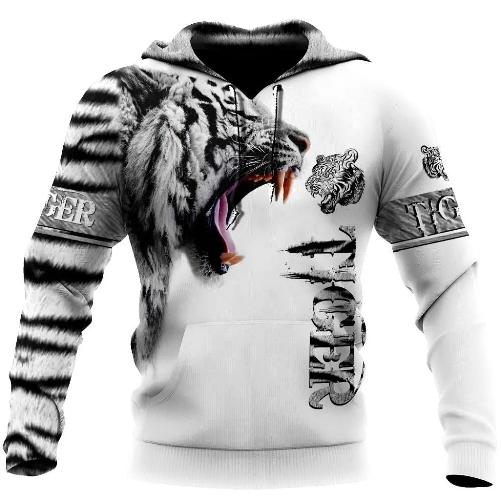 Hoodies de Outono com Leão e Lobo, Pele de Tigre Branco, Impressão 3D Integral, Sweatshirt de Homem Unissexo com Fecho, Casaco Casual de Pulôver