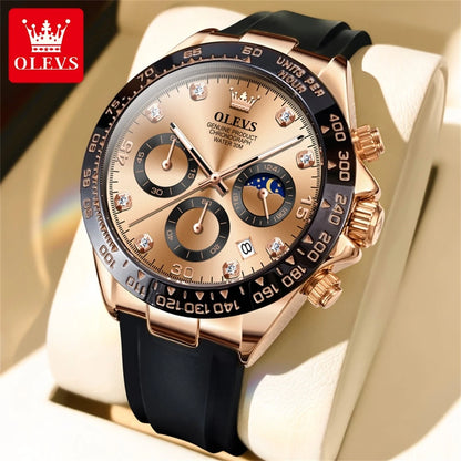 OLEVS 2875 Quartz Watch for Men Original Luxury Brand Silicone Strap Chronograph Auto Date Waterproof Moon Phase Sport Man Watch
