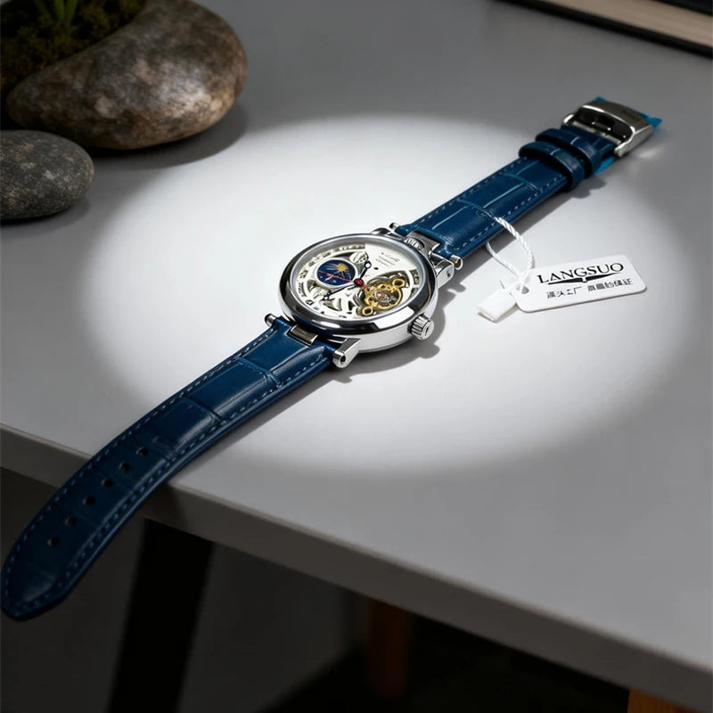  Top Luxury Moon Phase Men's Watches Original Mechanical Leather Men Clock Date Week Hollow Tourbillon Automatic Man Watch