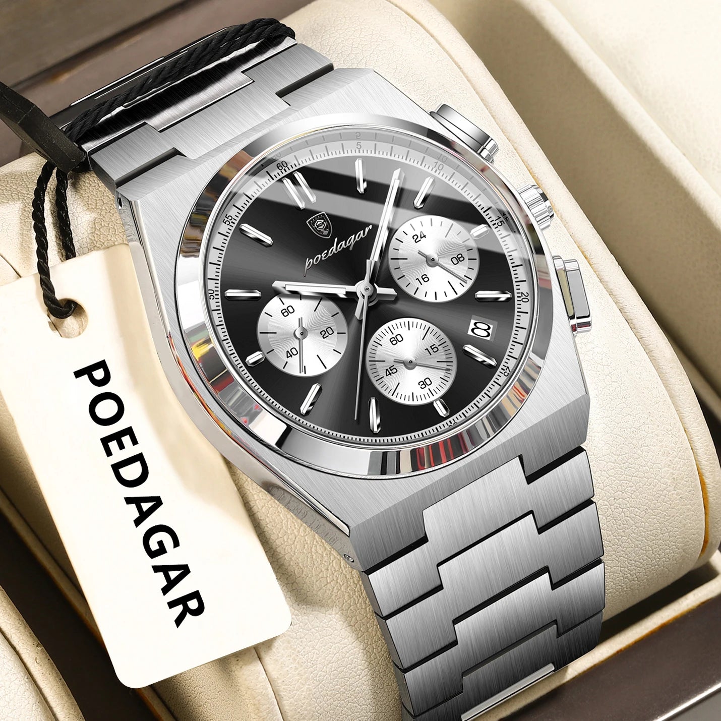 POEDAGAR Fashion Men's Wristwatch Chronograph Date Stainless Steel Quartz Man Clock Waterproof Luminous Business Watches For Men