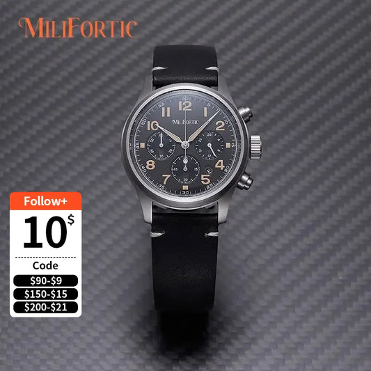 Milifortic 39MM Men's Solar Chronograph M069 Sapphire Crystal VS75 Stainless Steel Case Military Style Quartz Wristwatches
