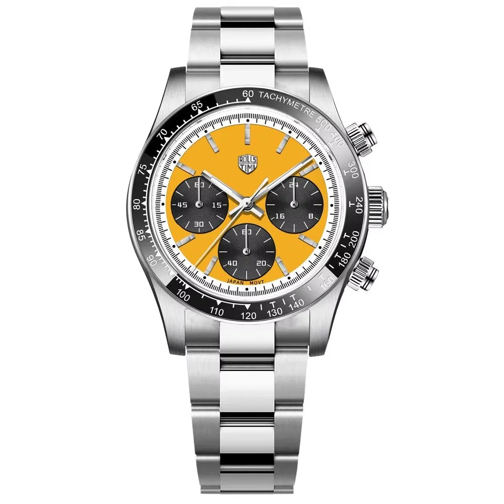 Relógios masculinos Rolls Timi Panda – Cronógrafo de quartzo, modelo de luxo, vidro de safira com tratamento antirreflexo, estanque, estilo desportivo