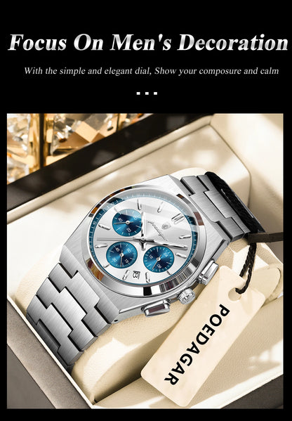 POEDAGAR Fashion Men's Wristwatch Chronograph Date Stainless Steel Quartz Man Clock Waterproof Luminous Business Watches For Men