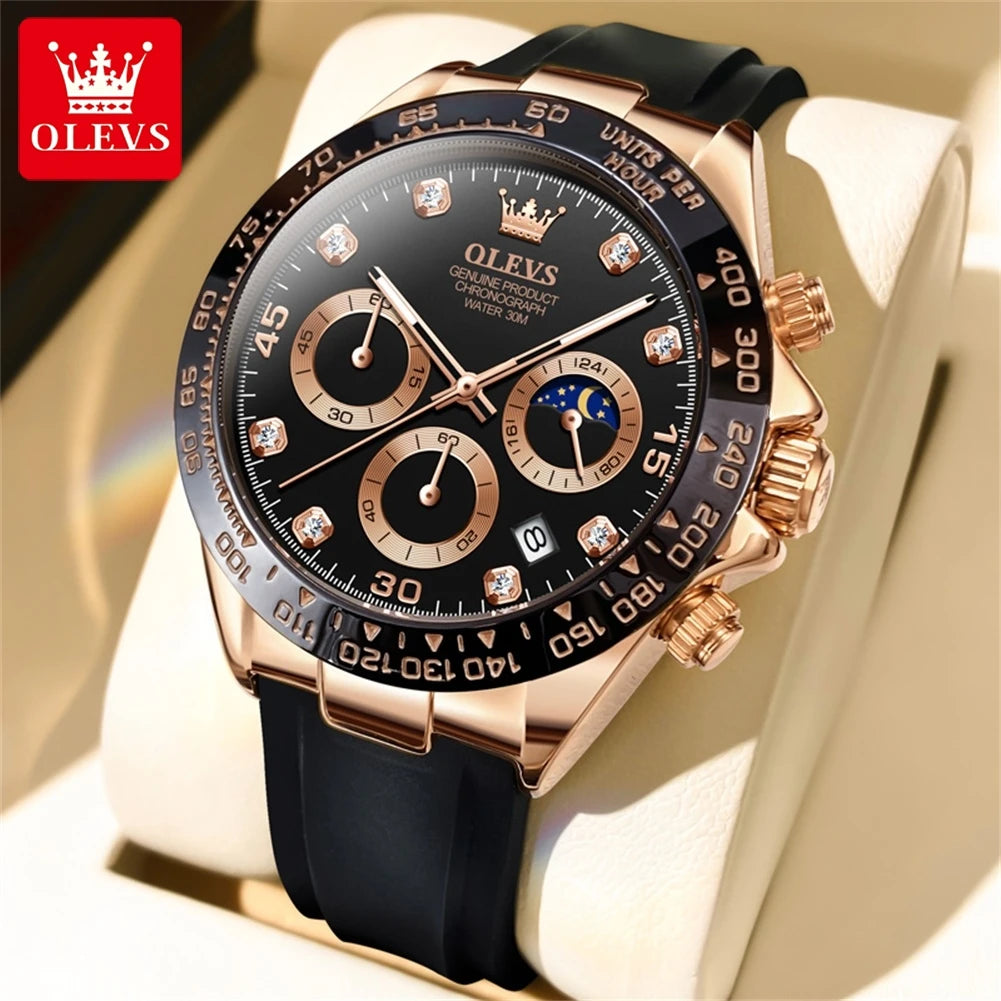 OLEVS 2875 Quartz Watch for Men Original Luxury Brand Silicone Strap Chronograph Auto Date Waterproof Moon Phase Sport Man Watch