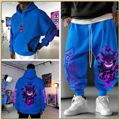 Black Hoodie and Pants Set with Pokemon Character Print Sleeve and Side Text Streetwear Anime Tracksuit for Men Unisex Casual