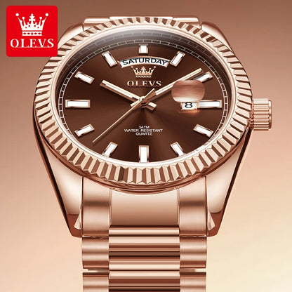 OLEVS Men's Watch Top Brand Luxury Wrist Watch For Men Fashion Rose Gold Stainless Steel Waterproof Watch Day Date Quartz Clock