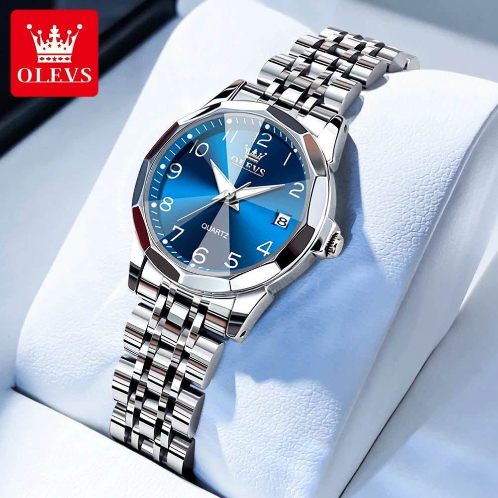 OLEVS 9970 Men Watch Original Brand Waterproof Luminous Quartz Watch Rhombus Mirror Stainless Steel Date-Day-Date Watch With Box