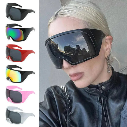 Ochelari de soare futuristici cu ramă învelitoare, lentile curbate Rave, protecție UV400, ochelari de soare supradimensionați Y2K pentru femei și bărbați