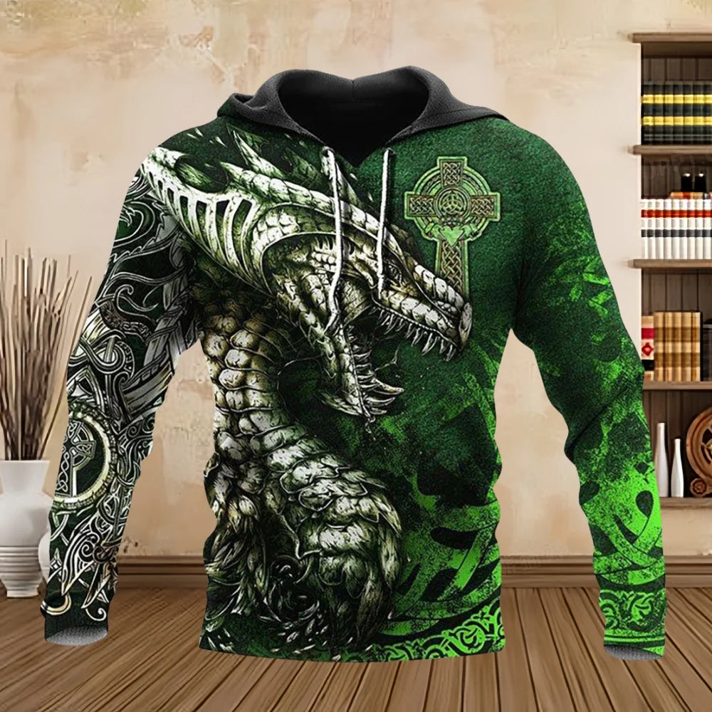 Sudadera con capucha unisex de manga larga para primavera y otoño, con estampado 3D de dragón estilo tatuaje, estilo streetwear casual para hombre