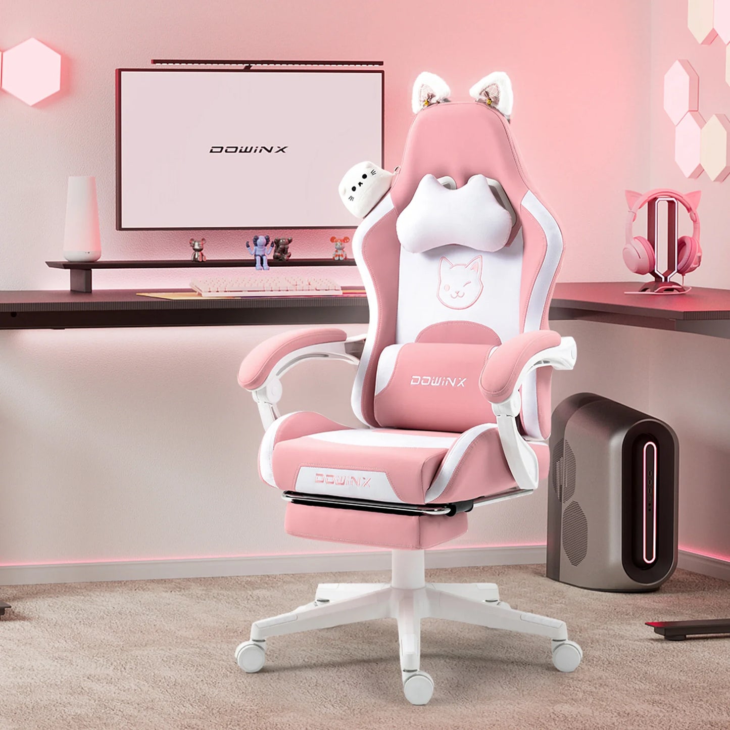 Söt gamingstol med kattöron och fotstöd – rosa kawaii-datorstol, ergonomisk gamer-stol med hög rygg och svankstöd med kattassmotiv