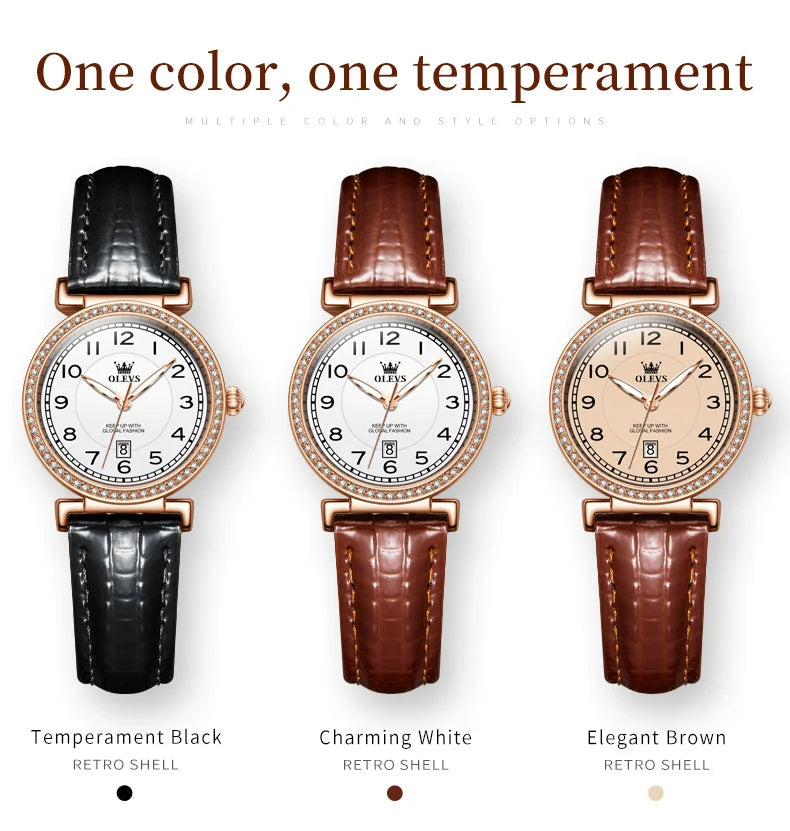 OLEVS 2025 New Fashion Womens Watches Top Brand Luxury Leather Strap Waterproof Calendar Diamond  Quartz Watch Relogio Feminino