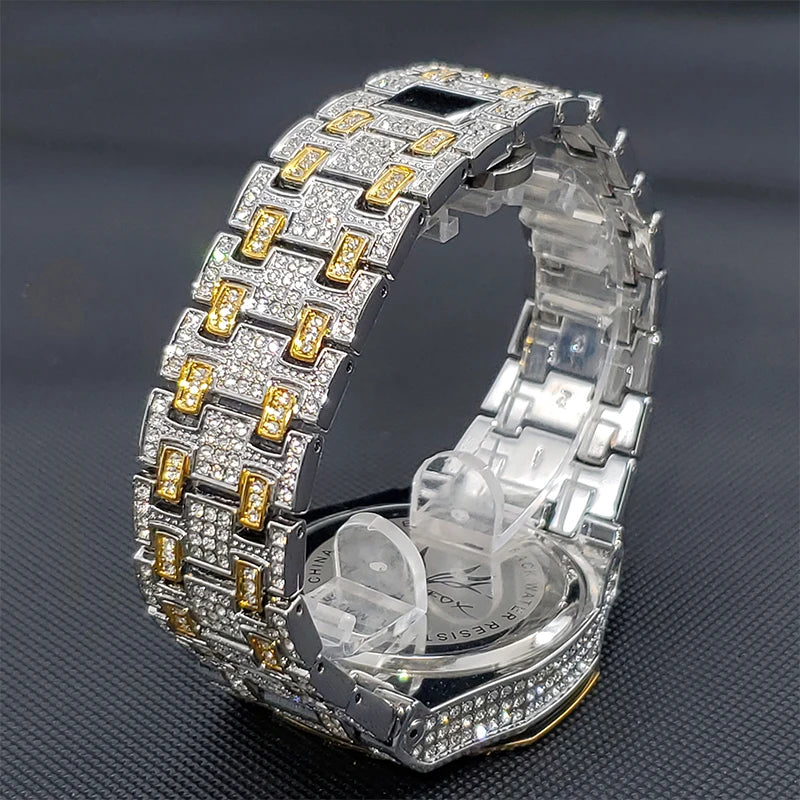 Gold Watches For Men Full Iced Diamond Men's Quartz Watch Luxury Fashion Calendar Wristwatch Dropshipping