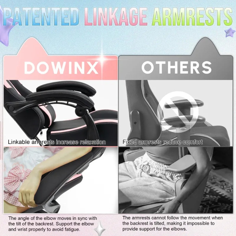 Söt gamingstol med kattöron och fotstöd – rosa kawaii-datorstol, ergonomisk gamer-stol med hög rygg och svankstöd med kattassmotiv
