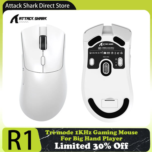 Mysz gamingowa ATTACK SHARK R1 Tri-mode, sensor PixArt PAW3311, 18000 DPI, 1000hz, ultralekka 59g, do dużych dłoni, do PC/Mac