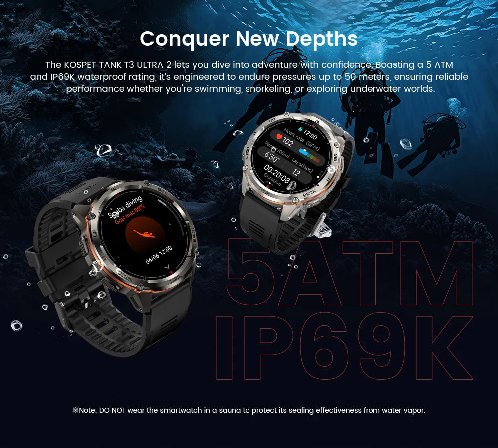 KOSPET TANK T3 Ultra 2 GPS Smart Watch for Men Bluetooth Call 5ATM IP69K Waterproof Men's Watch Stainless Steel Health Monitor