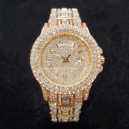 Luxury Diamond Watch for Men Fashion Bling Iced Out Day Date Watches Hip Hop Golden Stainless Steel Quartz Man Clock Hot Sale