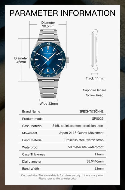 Dropshipping New Fashion Specht & Söhne Luxury Quartz Watch For Men 38MM Stainless Steel Watch Sapphire Crystal 50M Waterproof