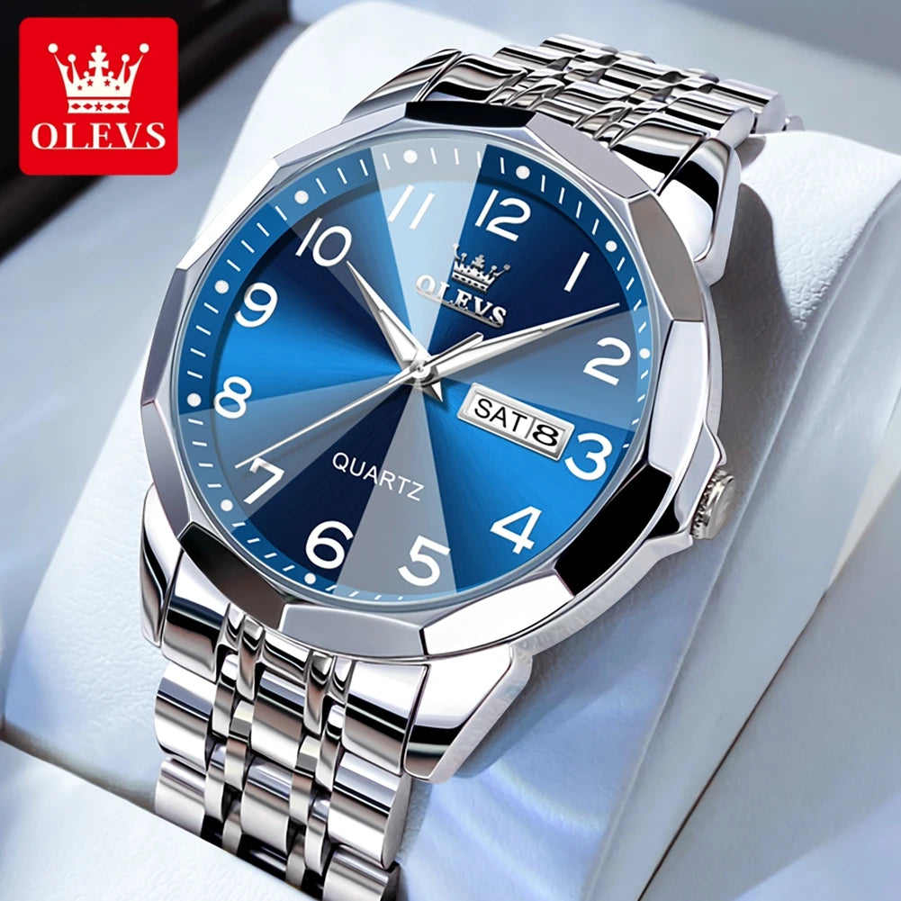 OLEVS 9970 Men Watch Original Brand Waterproof Luminous Quartz Watch Rhombus Mirror Stainless Steel Date-Day-Date Watch With Box