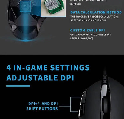 Logitech G402 kablet gamingmus 32-bit ARM-processor 8 knapper 500 IPS skridsikker til gaming- og arbejdssessioner hele dagen