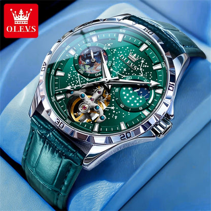 OLEVS Flywheel Skeleton Automatic Watch for Men Luminous Starry Sky Waterproof Business Wristwatch Mechanical Watch