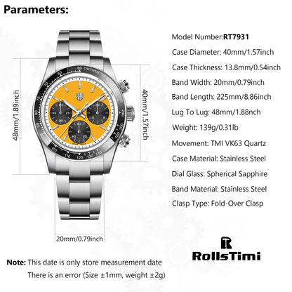 ROSSITIMI Urban Premium Men Quartz Watch Light Luxury Sports Stainless Steel VK63 Tachymeter Luminous 100m Diving Luminous Watch