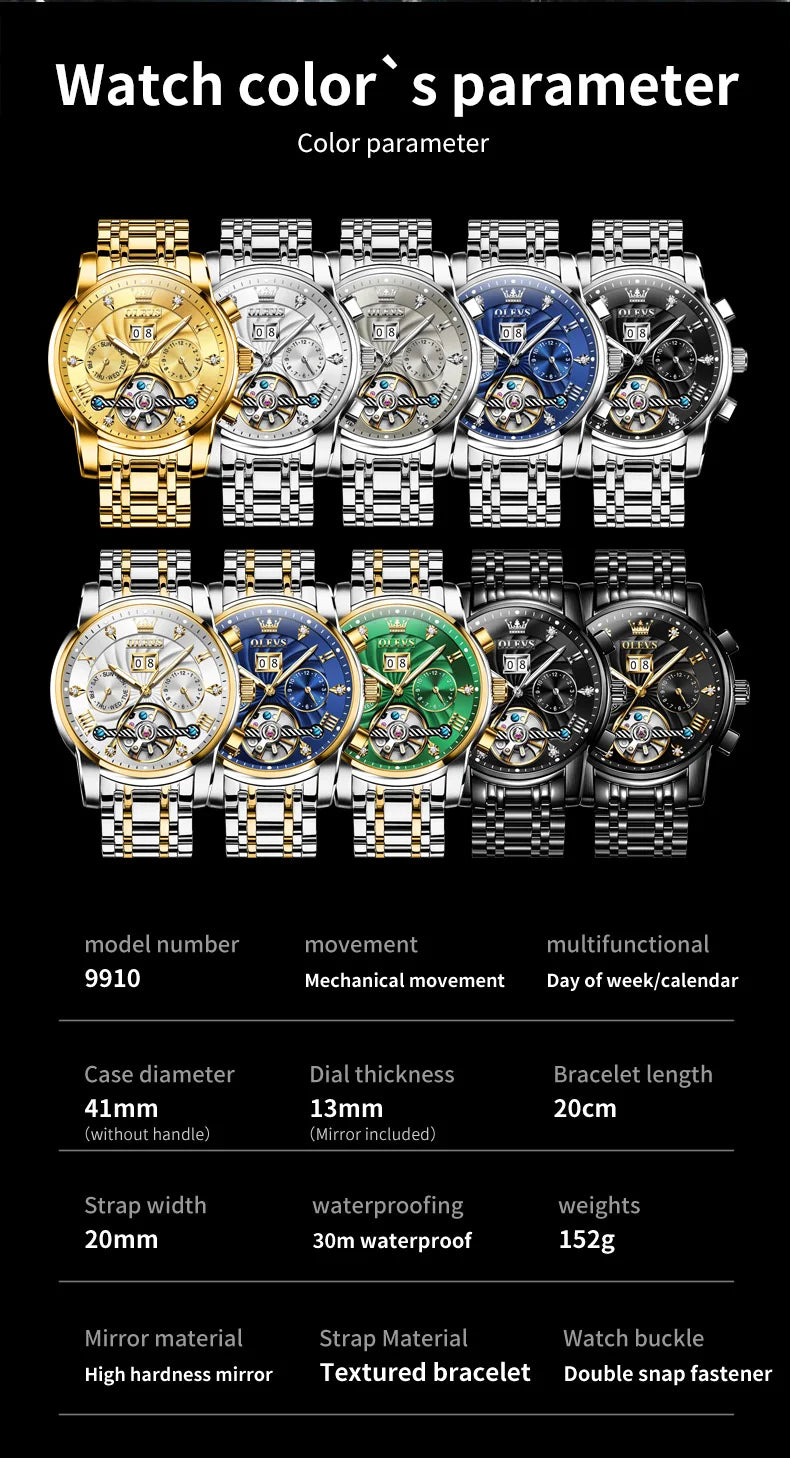 OLEVS Men's Watches 9910 Luxury Fashion Original Automatic Mechanical Watch for Man Waterproof Luminous Hollowed Out Movement